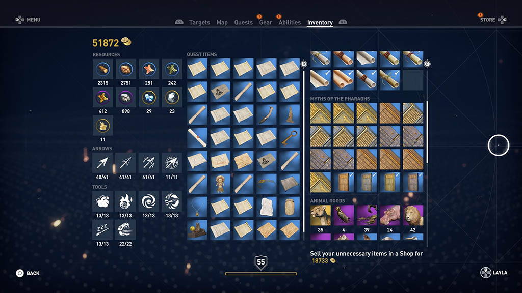 Myths of the Pharaohs inventory screen