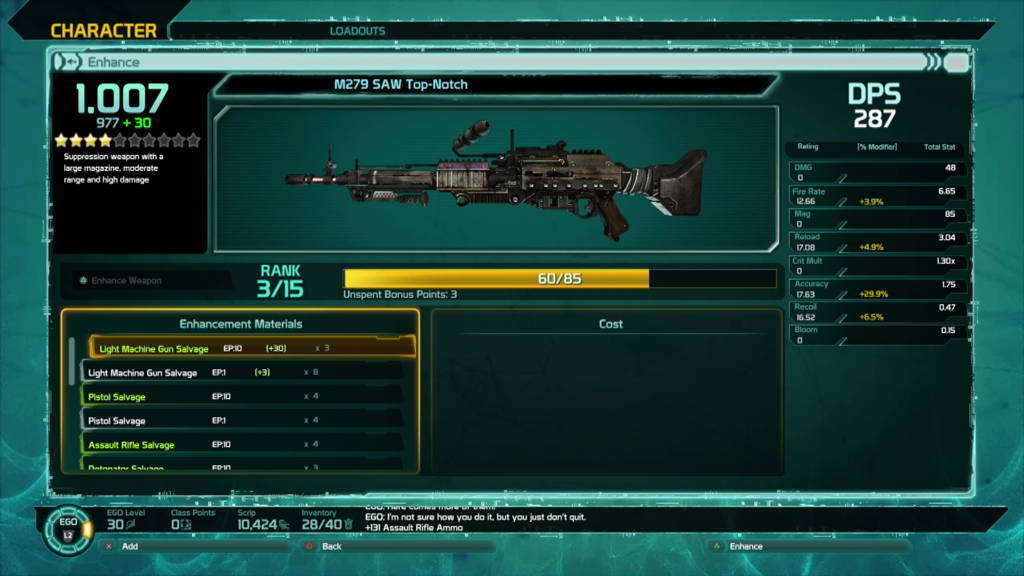 Defiance 2050 weapon enhancement screen