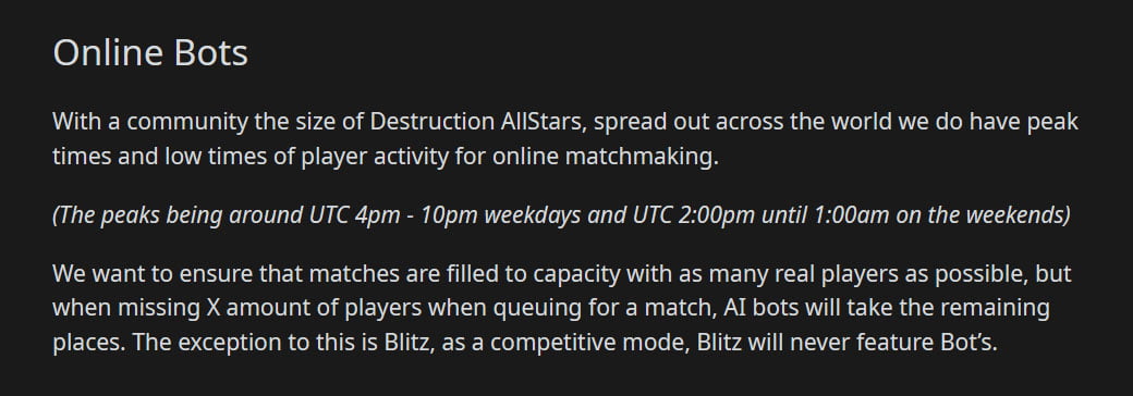 Destruction AllStars to use online bots to fill game lobbies