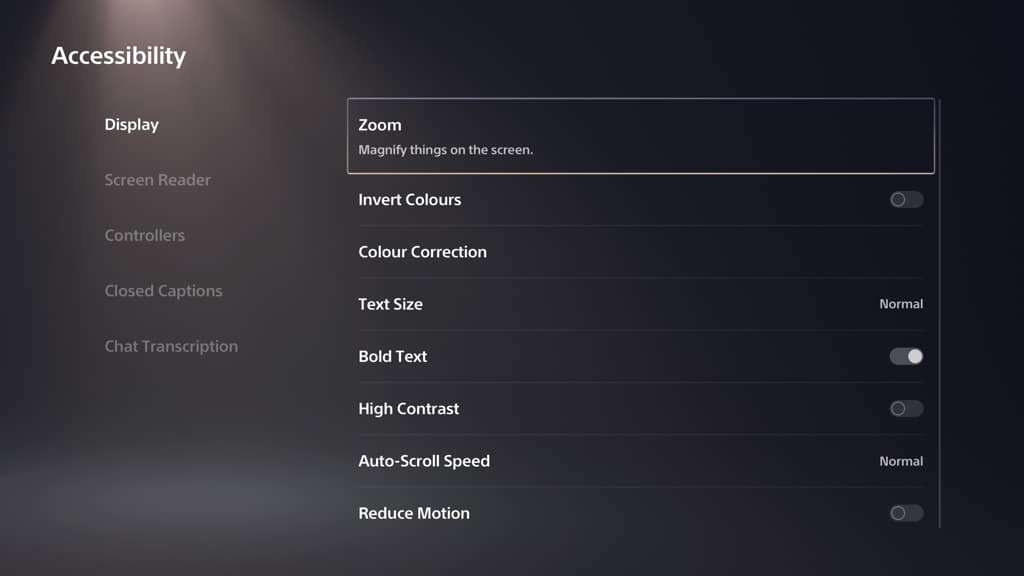 PS5 screen zoom feature in the accessibility settings menu