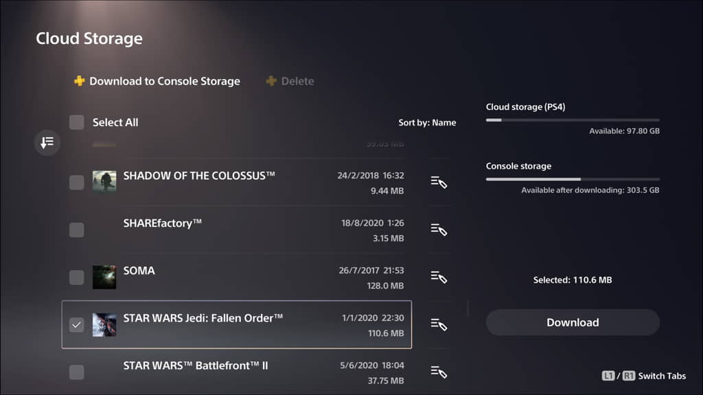 game save data in PS4 cloud storage on PS5