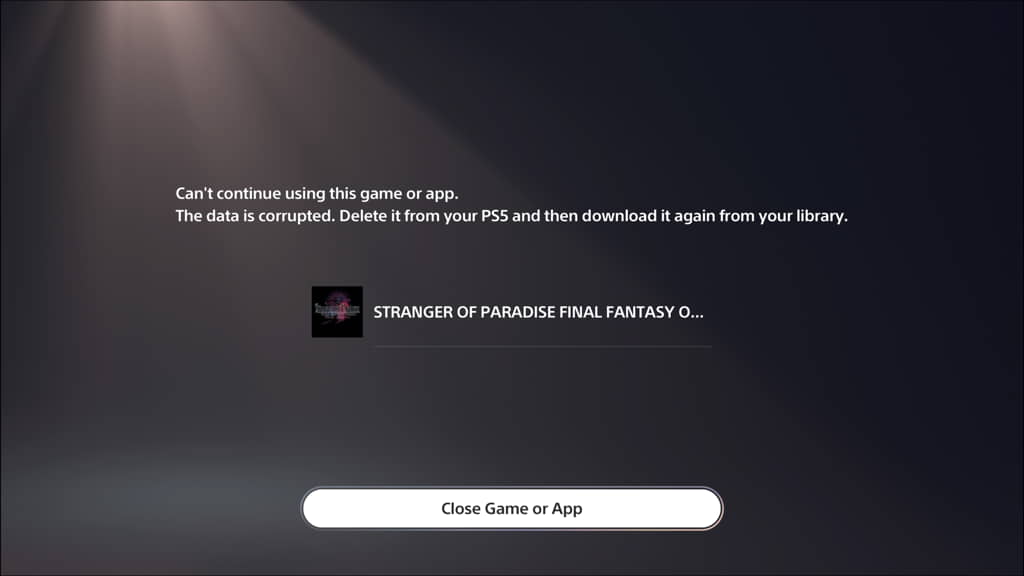 Stranger of Paradise Final Fatnasy Origin corrupted data message on PS5