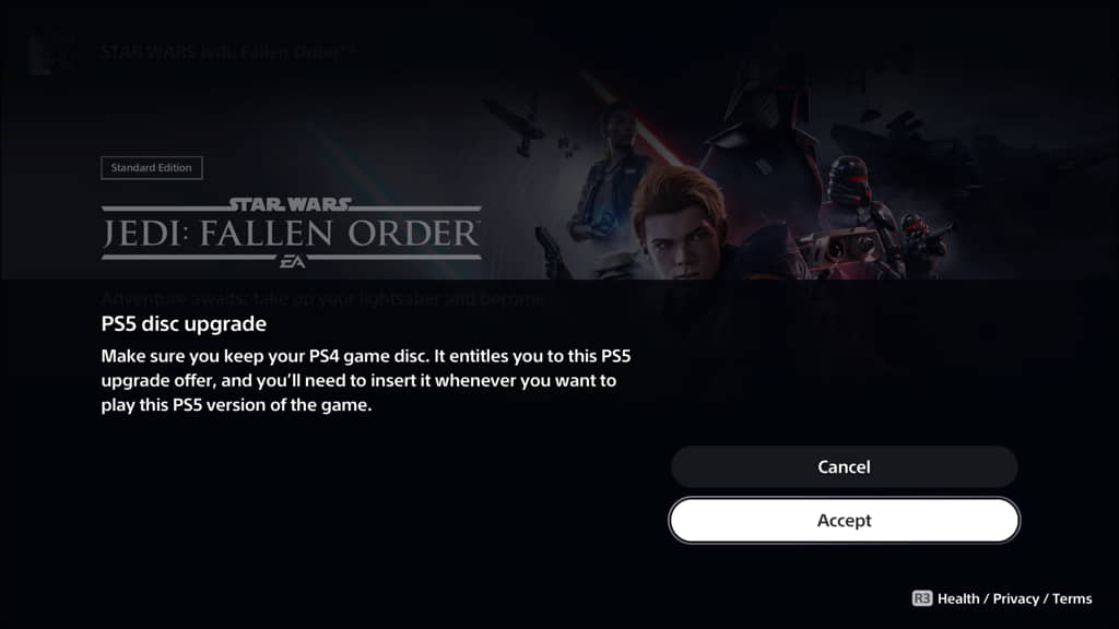 You'll need to insert your PS4 game disc to play the Star Wars Jedi: Fallen order PS5 version