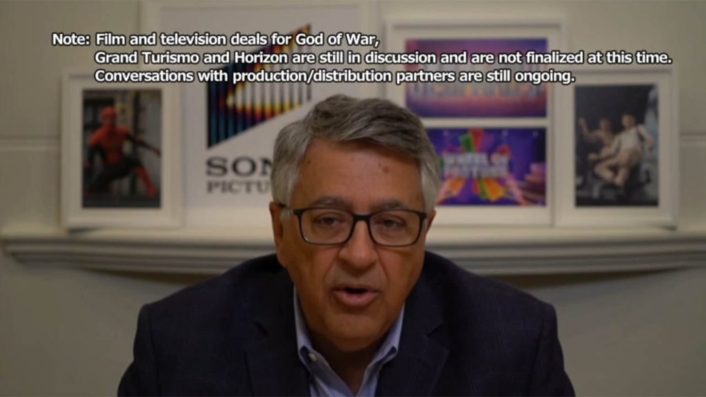 Sony Pictures President Tony Vinciquerra shown during investor Q&A with disclaimer text about Horizon, God of War, Gran Turismo TV projects