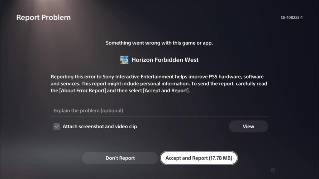 Horizon Forbidden West crash report screenshot of error CE-108255-1