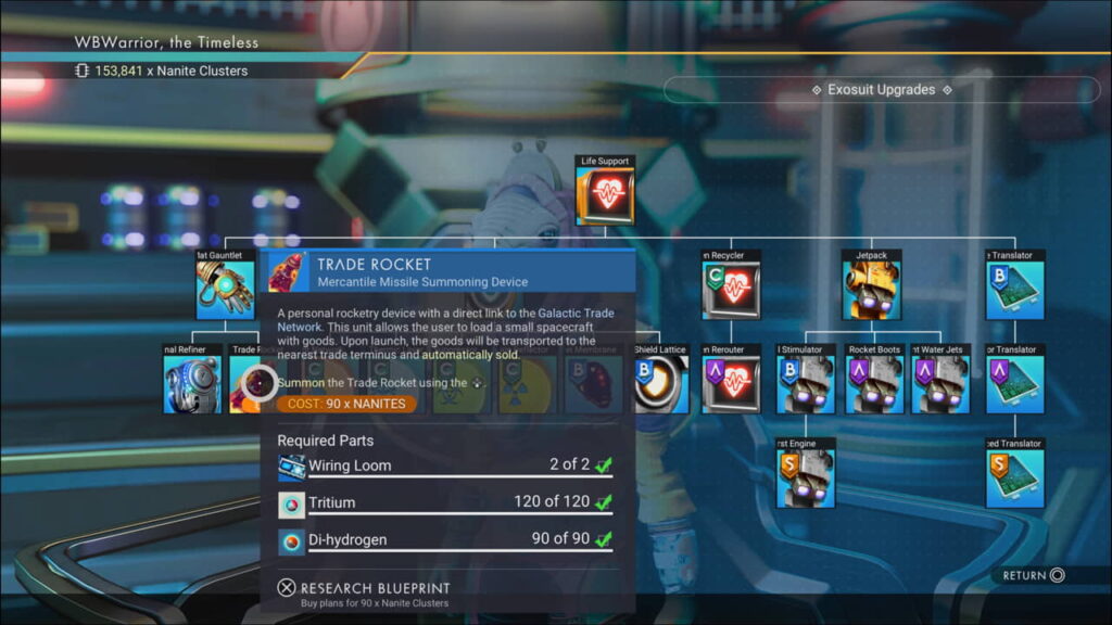 screenshot of the Trade Rocket blueprint at the Exosuit Upgrades vendor in the Anomaly