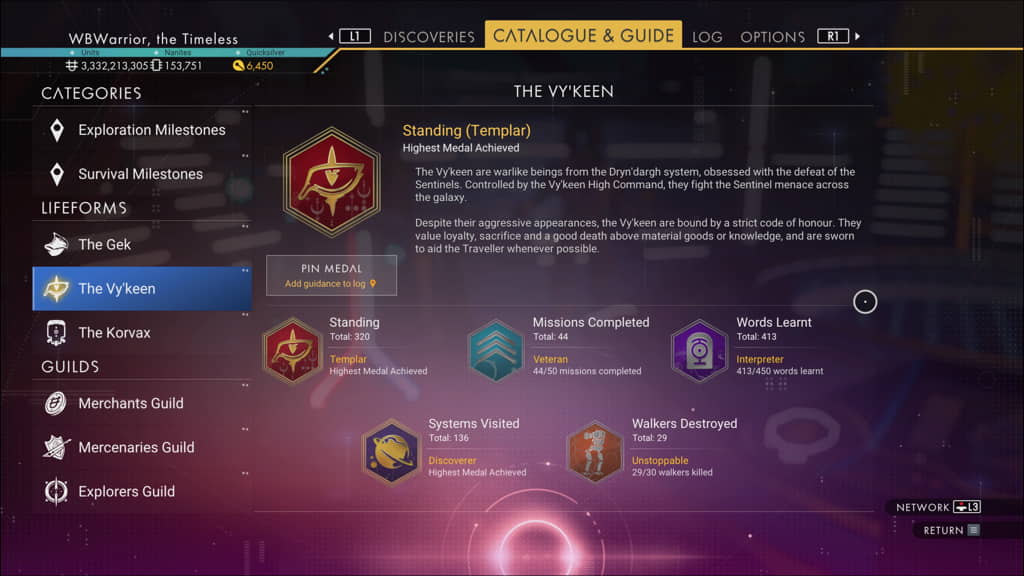 No Man's Sky waypint categories and medals page
