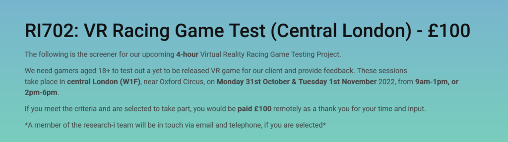 Screenshot from researchi.co.uk asking for gamers to test a VR racing game in London
