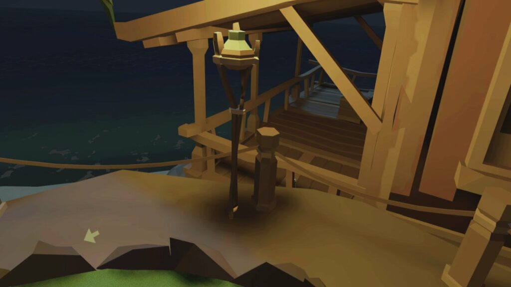 Location of rum bottle and clue 8 behind torch on a decked/porch area next tot he wooden house