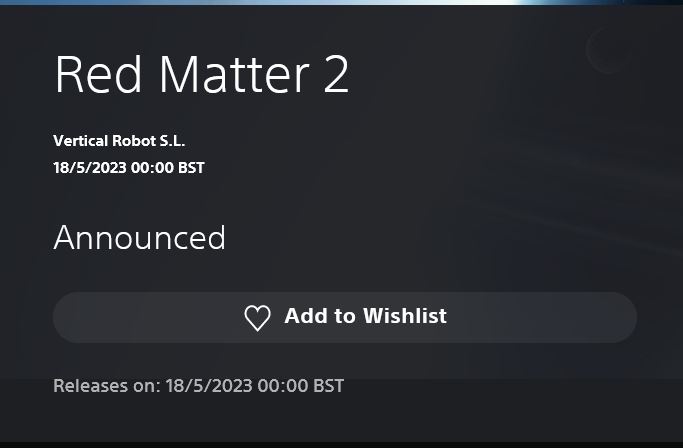 screenshot of PS Store showing Red Matter 2 release date