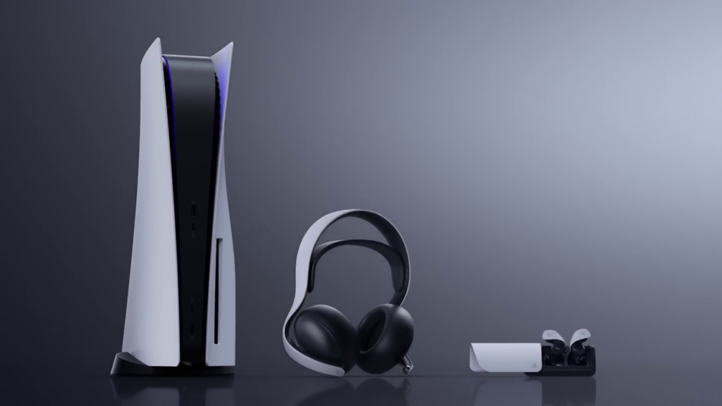 Pulse Elite wirless headset and Pulse Explore wireless earbuds next to a PS5 console