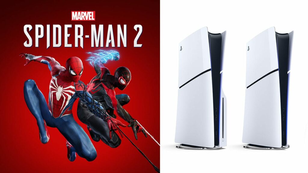 Spider-Man 2 key art and PS5 slim consoles
