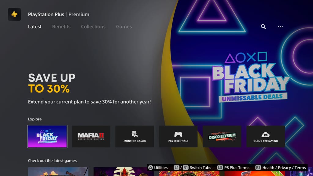 PlayStation Plus Black Friday promotion screen on SP5