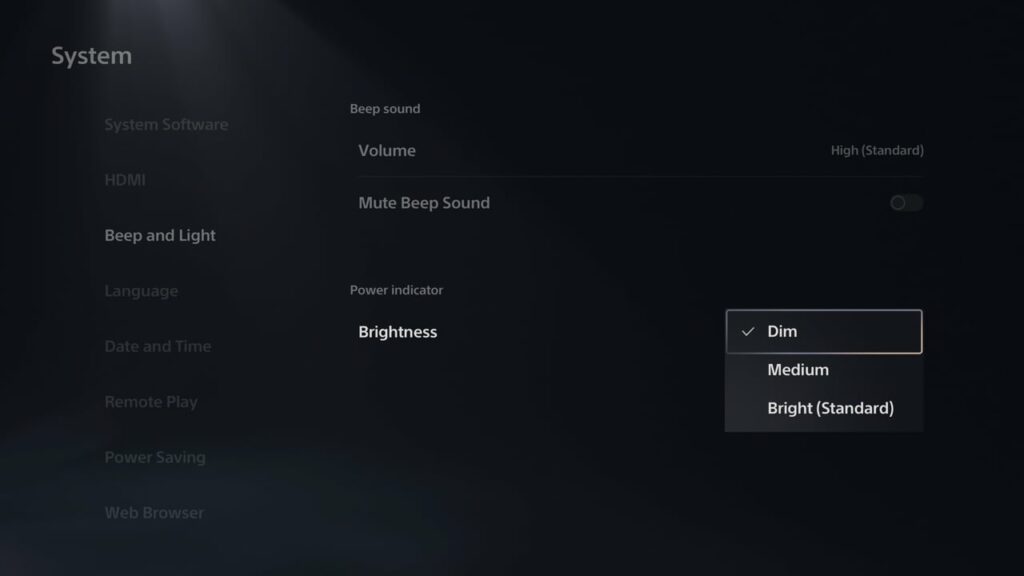 Screenshot of PS5 settings showing the new brightness select feature for the PS5 pwoer indicator light